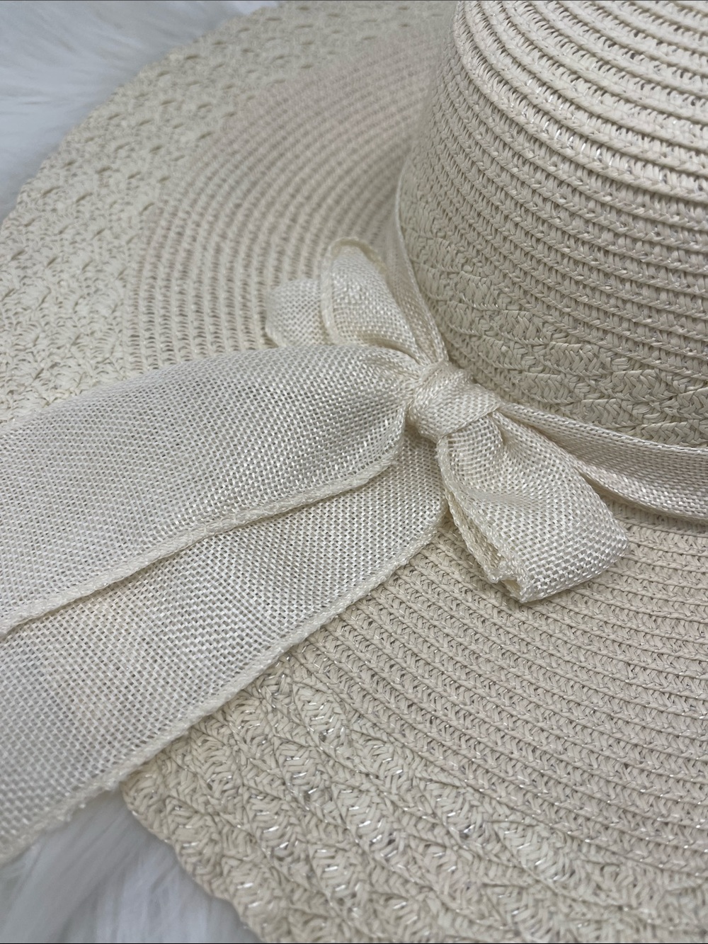 Women’s Beige Wide Brim Floppy Sun Hat with Bow One Size - Picture 4 of 6